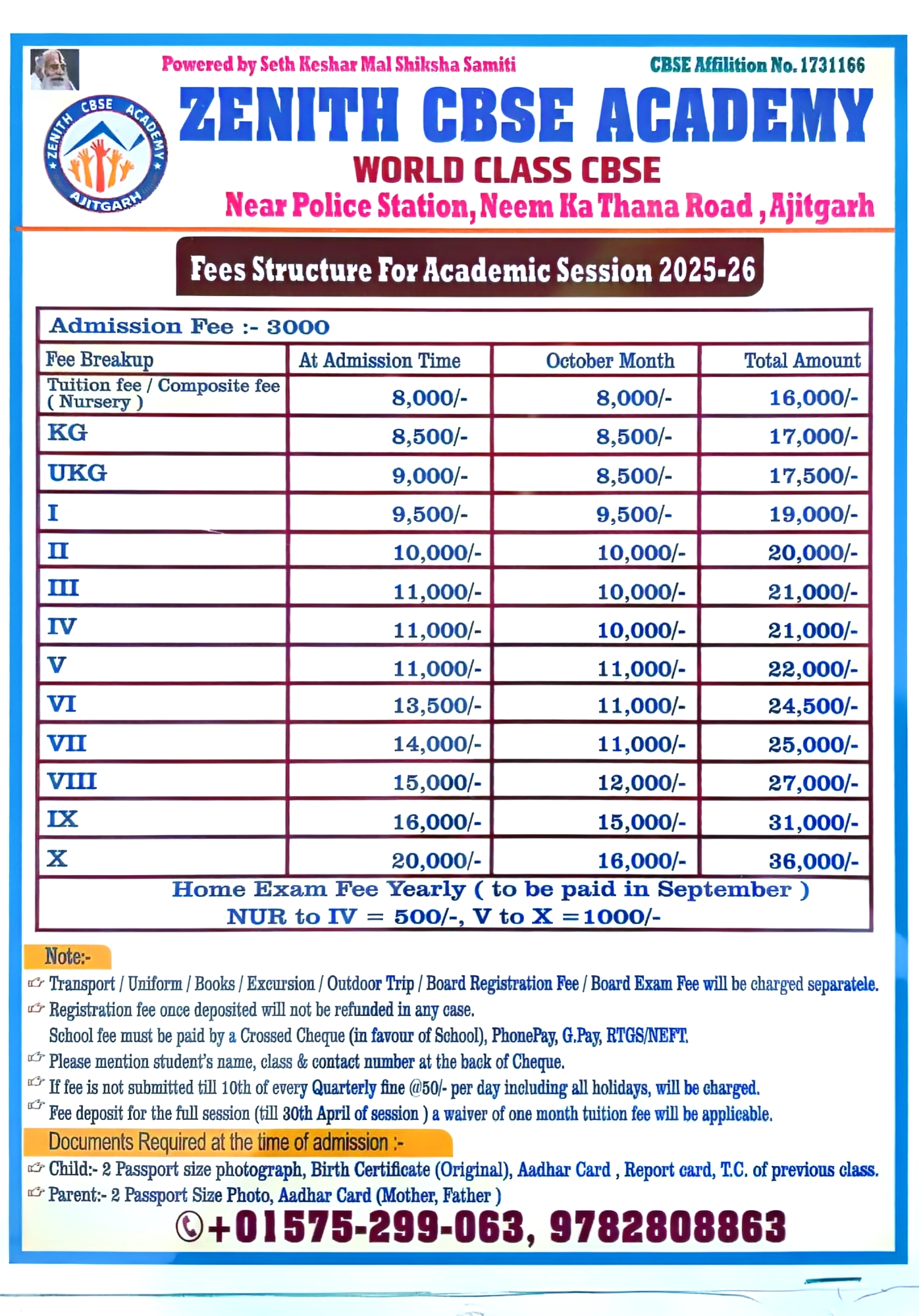 Zenith Fee Structure 2025-26